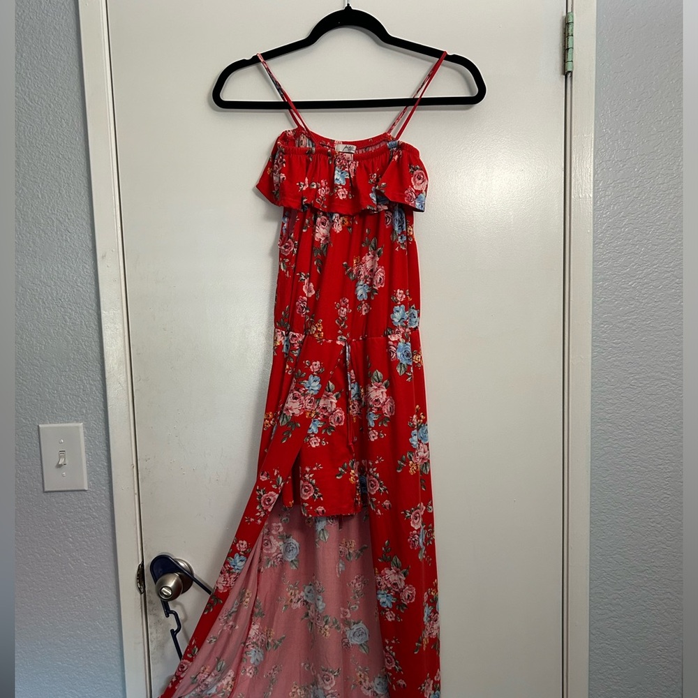 Red flower short jumpsuit with skirt